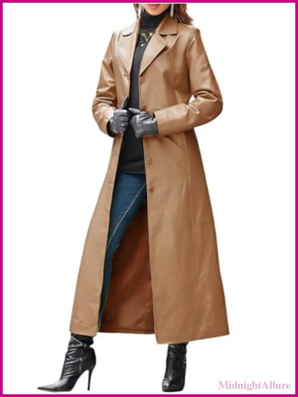 Women's Faux Leather Trench Coat Classic Lapel Single Breasted Maxi Overcoat